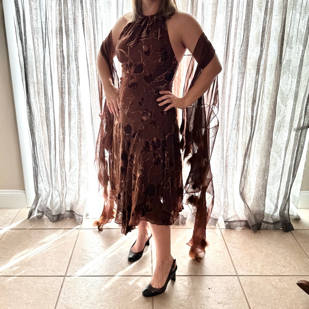 Vintage Velvet Burnout Silk Dress Sz 6-8 Fur Trim Shawl Y2K Fairy Grunge Runway